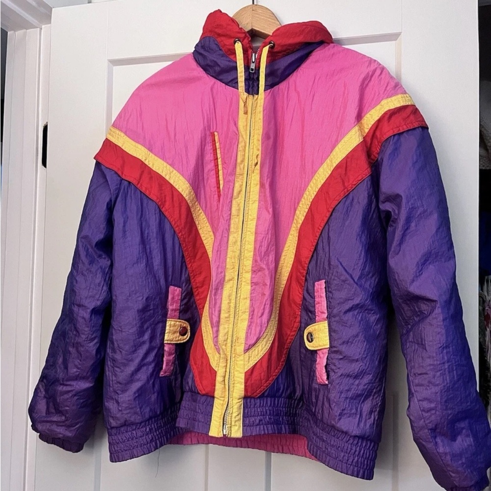 VTG New York Girl Pink Yellow Purple Full Zip Windbreaker Bomber Jacket Women M